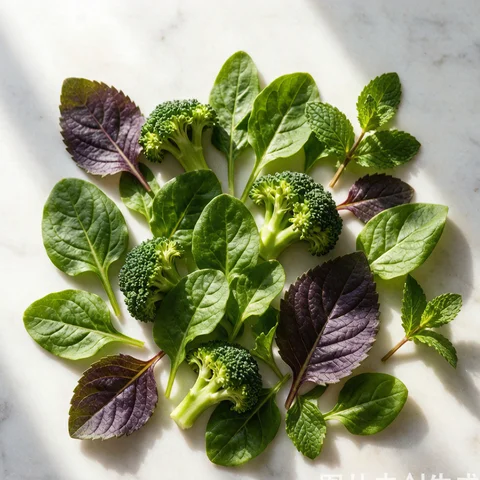 绿色蔬果：菠菜、西兰花、茼蒿、紫苏、薄荷